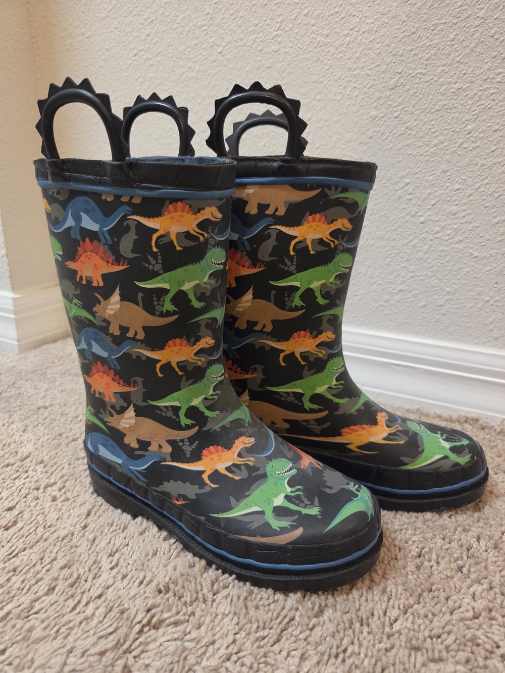 Kids' Dinosaur Rain Boots - Black with Green, Orange, Blue Dinosaurs